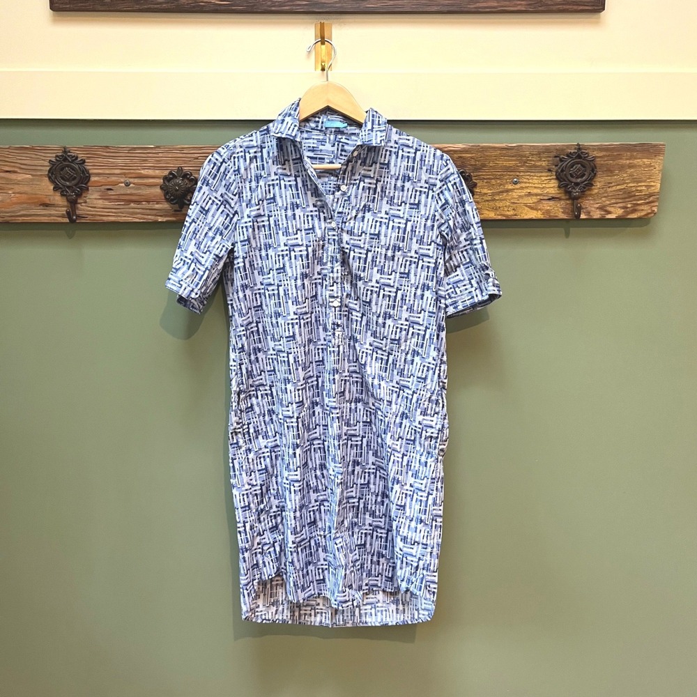 J.McLaughlin Blue White Abstract Geometric Short Sleeve Shirt Dress Small